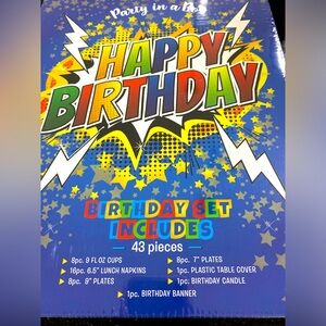 Happy Birthday Box 43 Pieces Plates Cups Forks Napkins Candle Tablecloth Banner